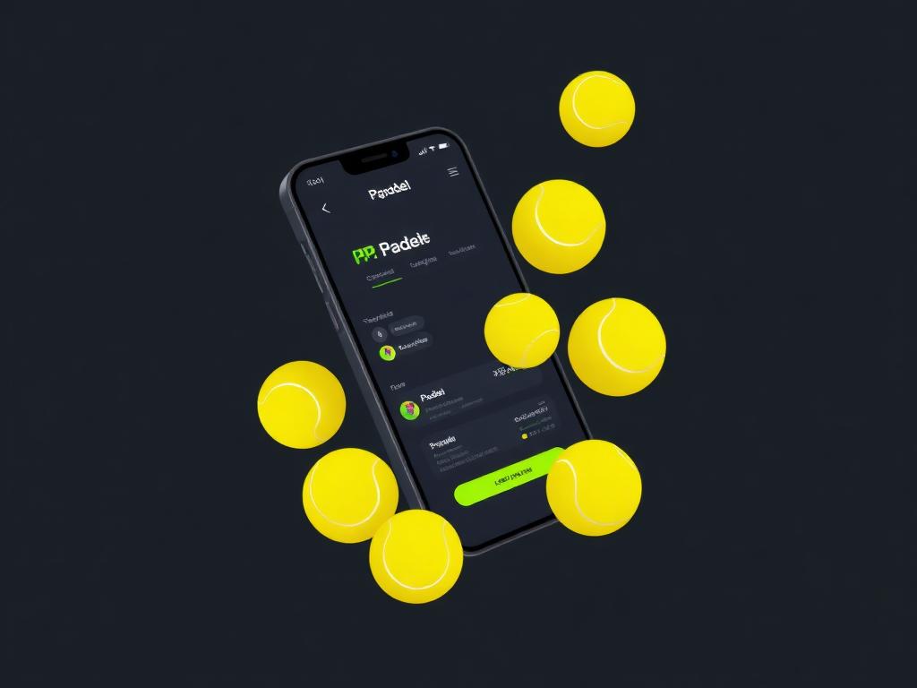 Celular con app de pádel y pelotas flotando alrededor